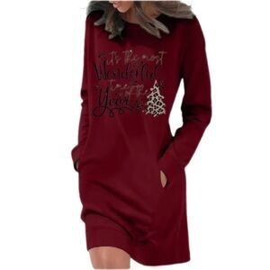 Burgundy Sweatshirt Mini Dress, Fall Winter Long Sleeve Front Leopard Accent.